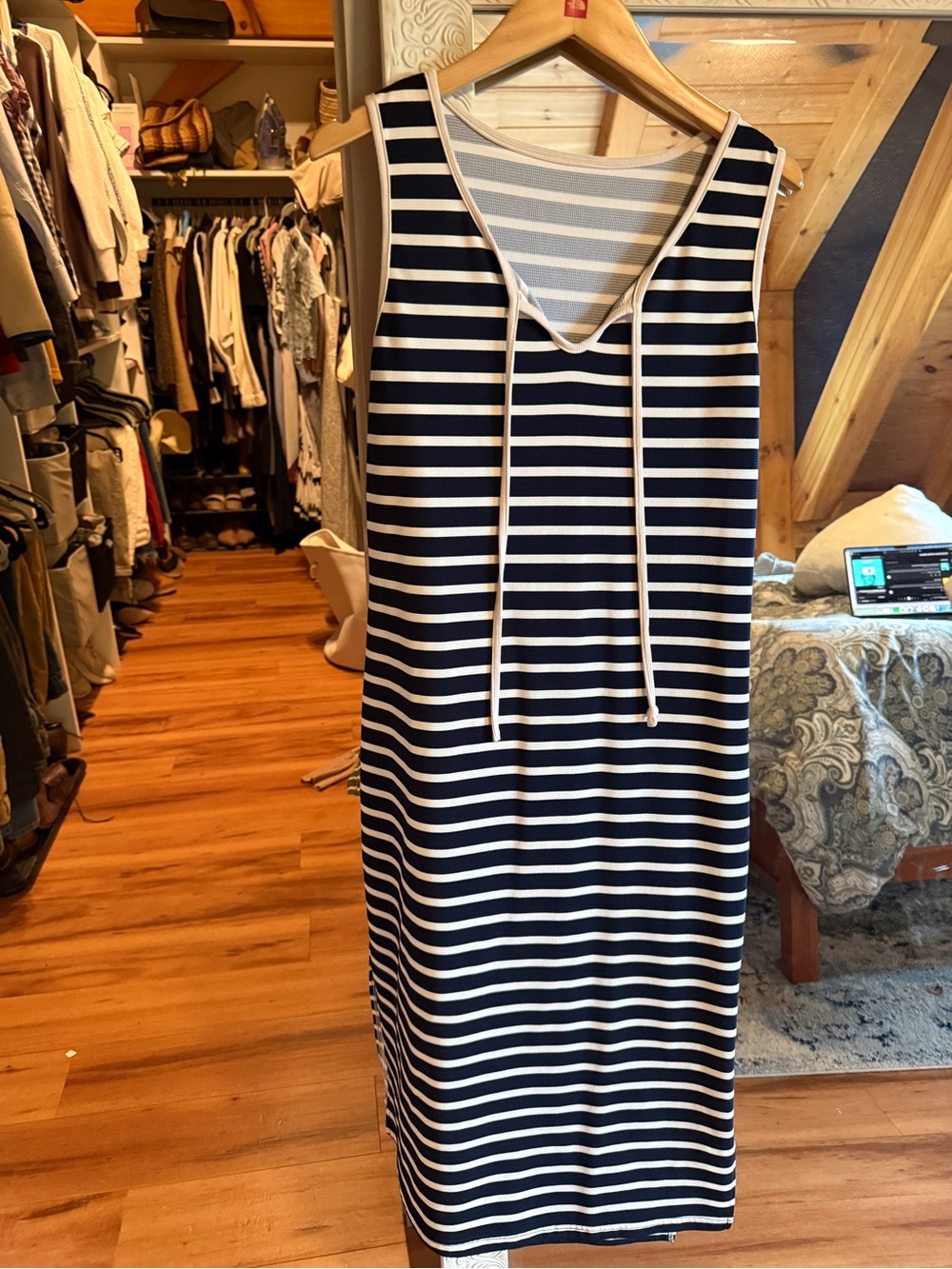 Striped Navy and White Sleeveless Maxi Dress